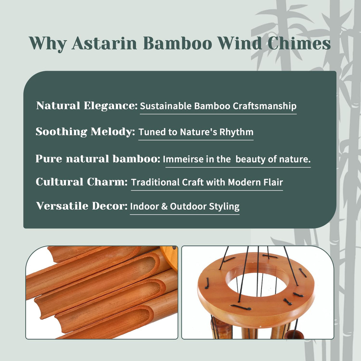 ASTARIN bamboo wind chimes highlight FSC-certified wood tubes and top for sustainability.
