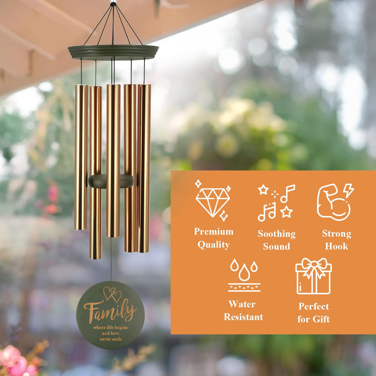 ASTARIN wind chimes with golden-green finishes maintaining a vibrant look