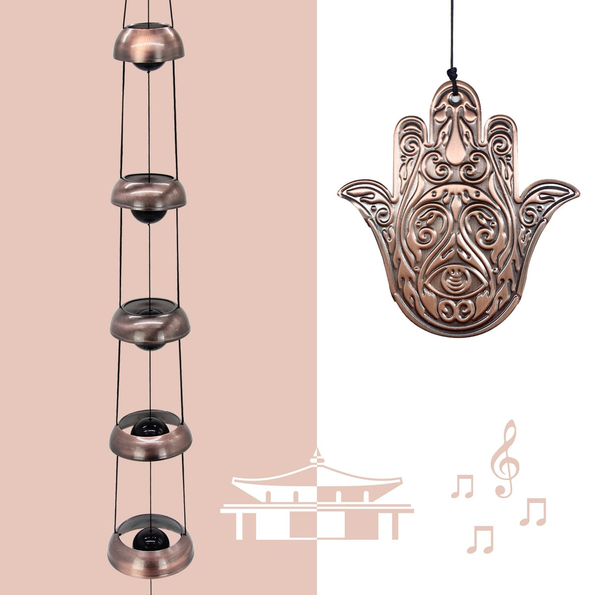 ASTARIN Hand of God medallion centers this chime, offering symbolic protection and tranquil tones.