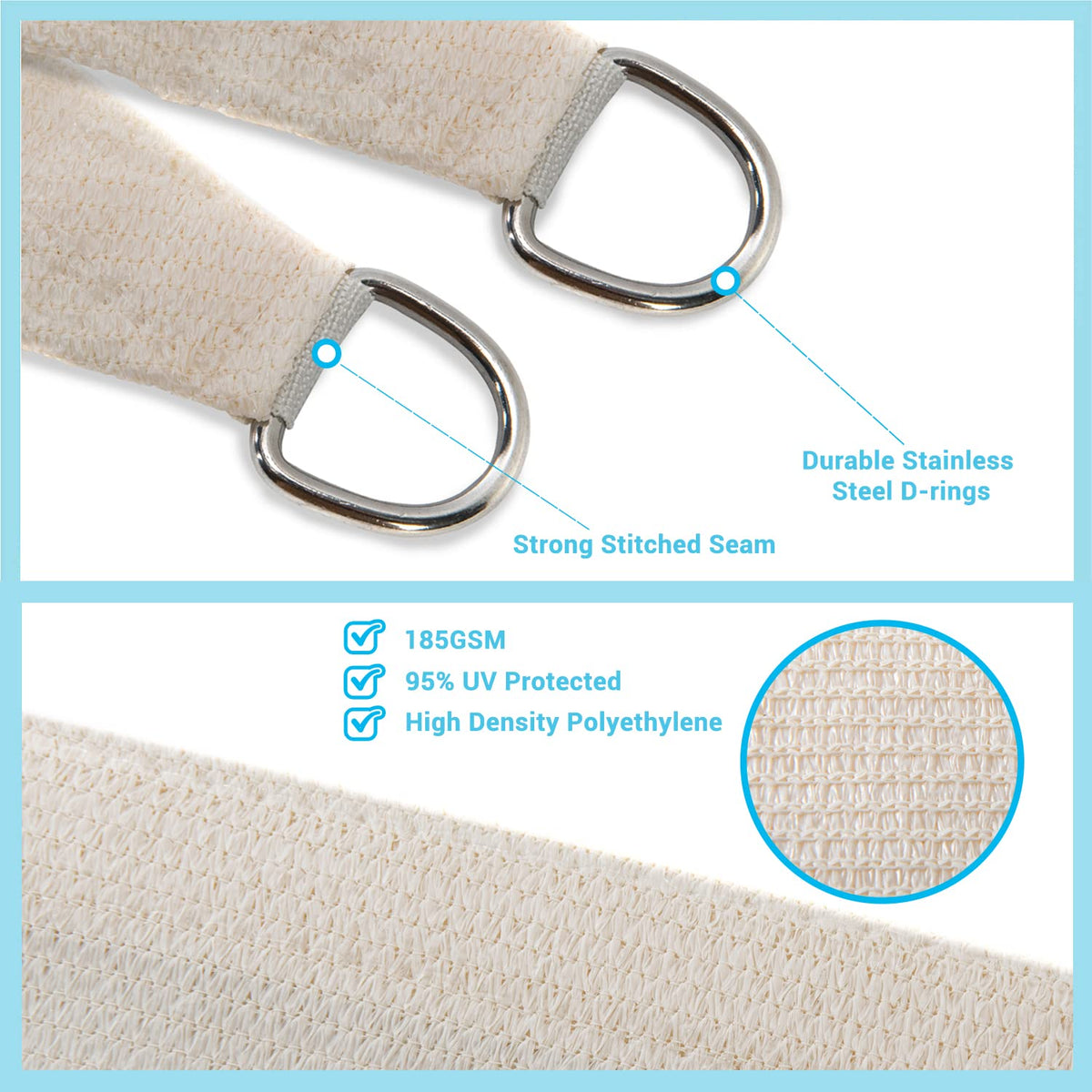 AsterOutdoor stainless-steel D-rings highlight secure shade anchoring.