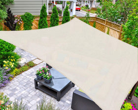 AsterOutdoor sun shade rectangle 12x16 cream used over patio for cooling shade.