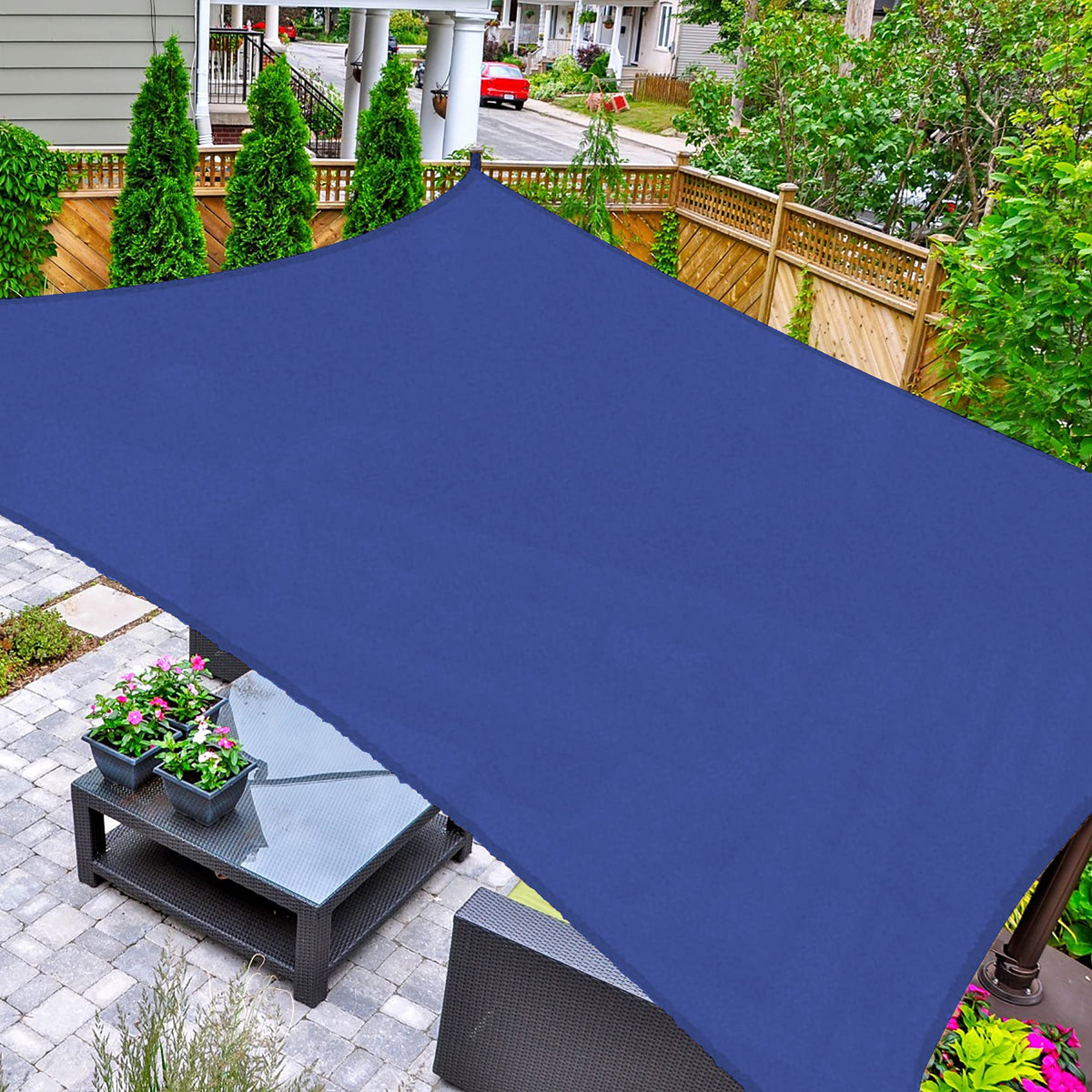 AsterOutdoor sun shade rectangle 16x20 blue over patio, UV protection.