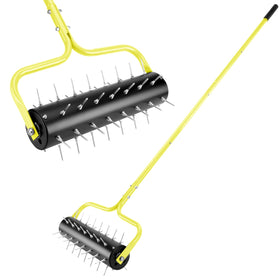 Asunrise 21-inch rolling lawn aerator with secure fastening in action.