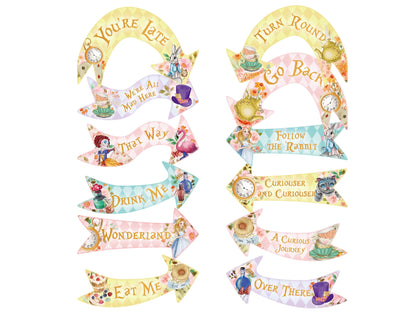 ASVP Shop Alice arrow sign with Mad Hatter for stylish party direction and whimsy