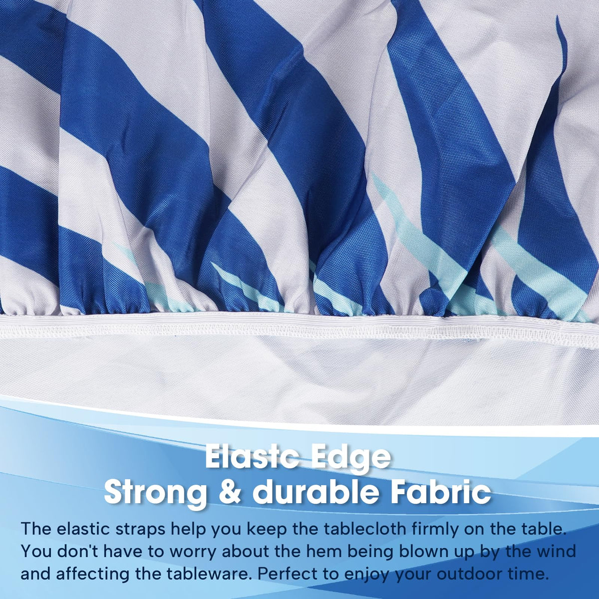 Asxhif patio tablecloth with elastic edges stays secure on different table sizes.