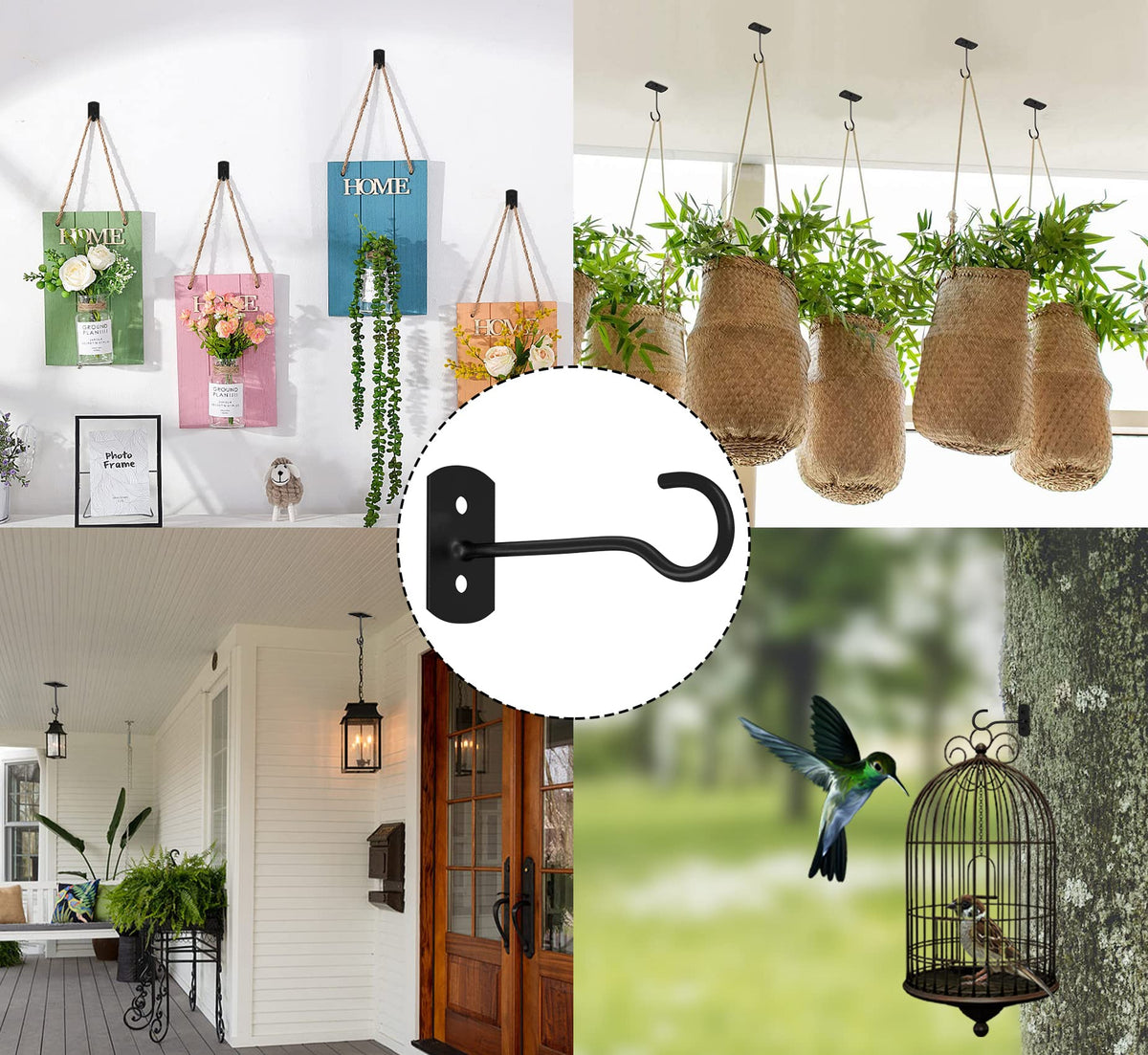 ASZUNE 6in hanging plant hook durable black metal supports up to 50 lbs.