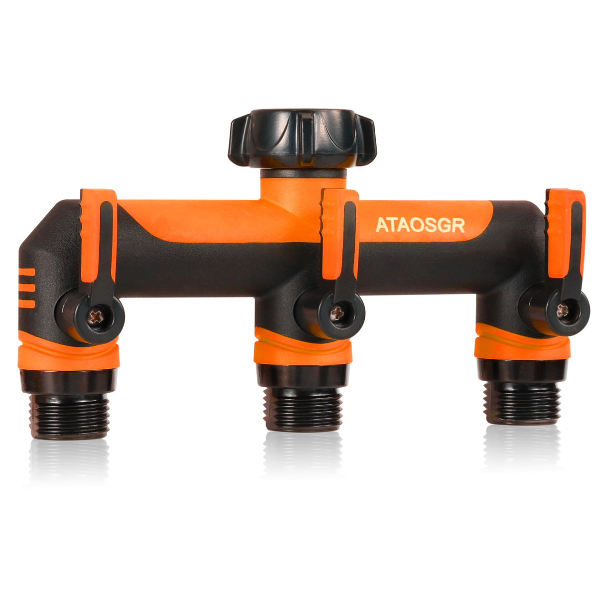 ATAOSGR garden hose splitter front view with three outlets for simultaneous watering tasks