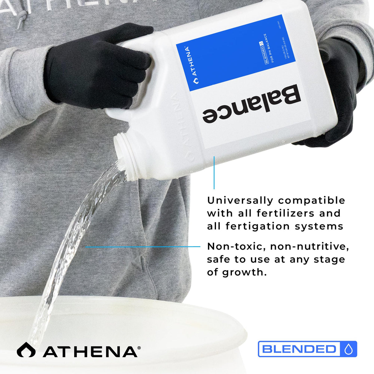 Athena Blended Balance bottle beside dosing equipment highlights easy integration.