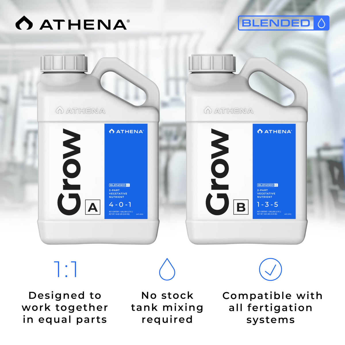 Athena Blended Grow A&B keeps hydroponic reservoirs clean and flow steady.