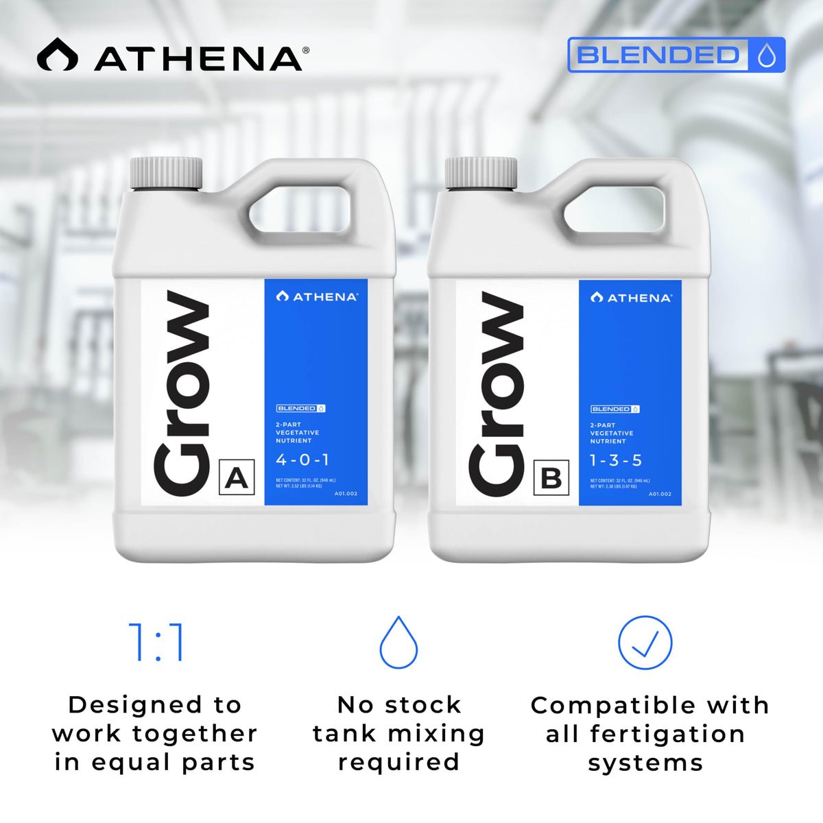 Athena Blended Grow A&B reservoir shows clean setup and reliable nutrient delivery
