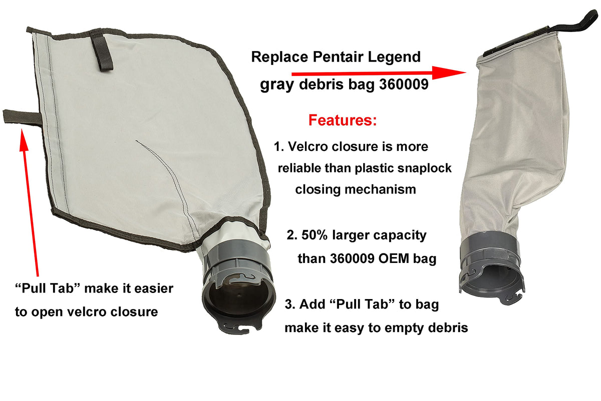 ATIE bag for pool cleaners showing pulling tab for easy debris emptying.