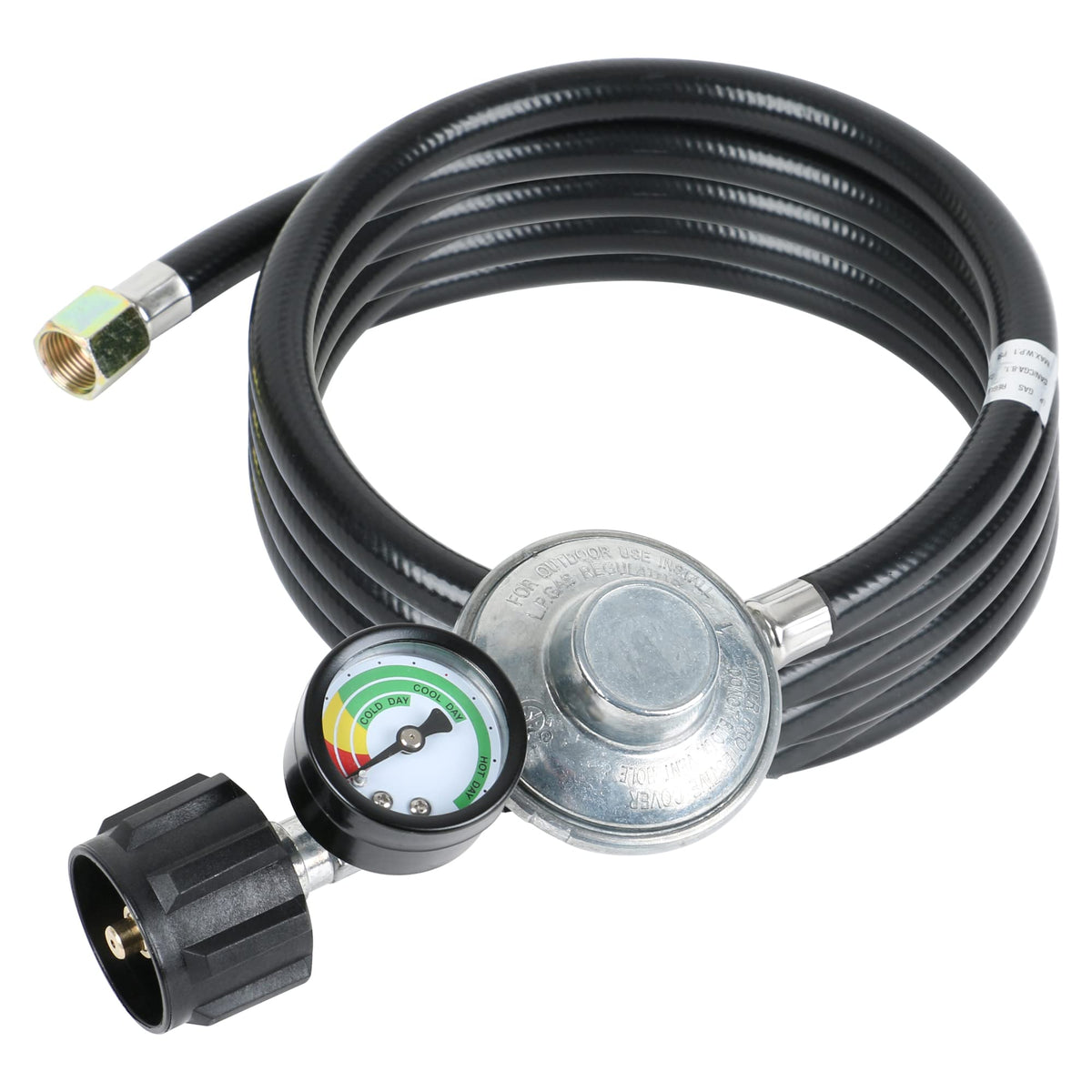 ATKKE propane hose regulator with gauge close-up showing the gauge window and dial colors.