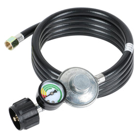 ATKKE propane hose regulator with gauge close-up showing the gauge window and dial colors.