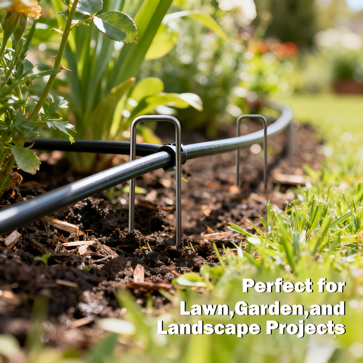 Atlantic compact 6-inch stakes in use in a garden setup