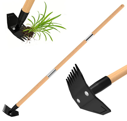 ATLRGISL garden hoe with long bamboo handle for comfortable standing weed removal.