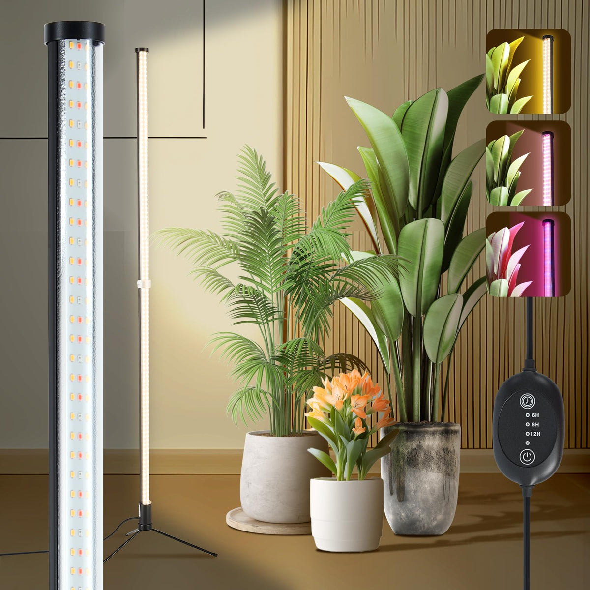 Atmel standing grow light on its base, quick indoor setup.