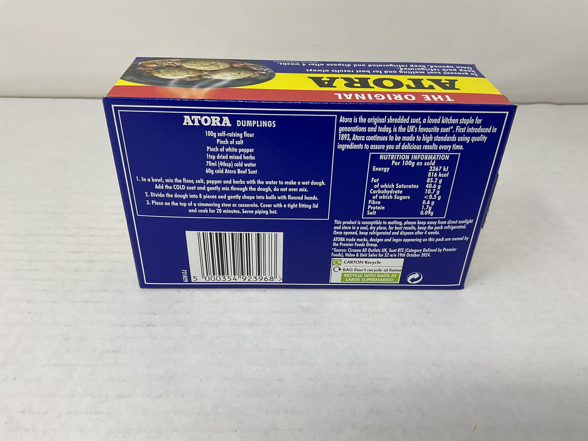 Atora Shredded Beef Suet 2-pack shown with ingredients for hearty pies