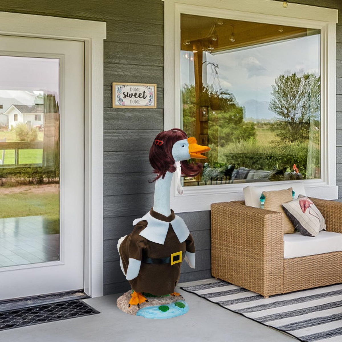 ATOWORLD straw hat pairs with goose wigs for chic outdoor scenes.