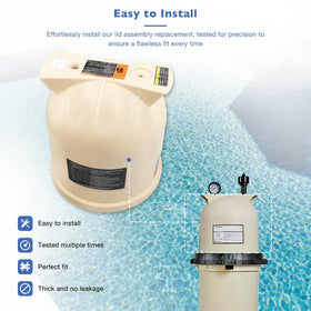 ATRACYPART almond housing cover 12-inch lid shown on pool equipment for durable outdoor use.