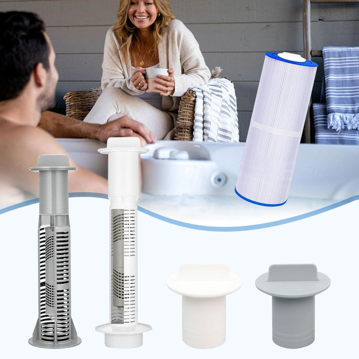 Grey cap screws onto standpipe to keep filters vertically positioned