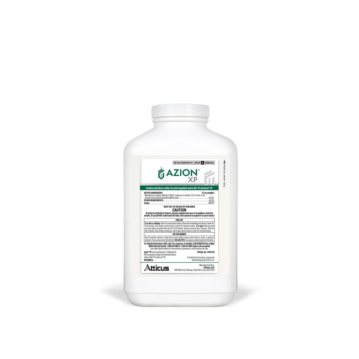 Atticus Azion XP bottle label with active ingredient details for precise application.