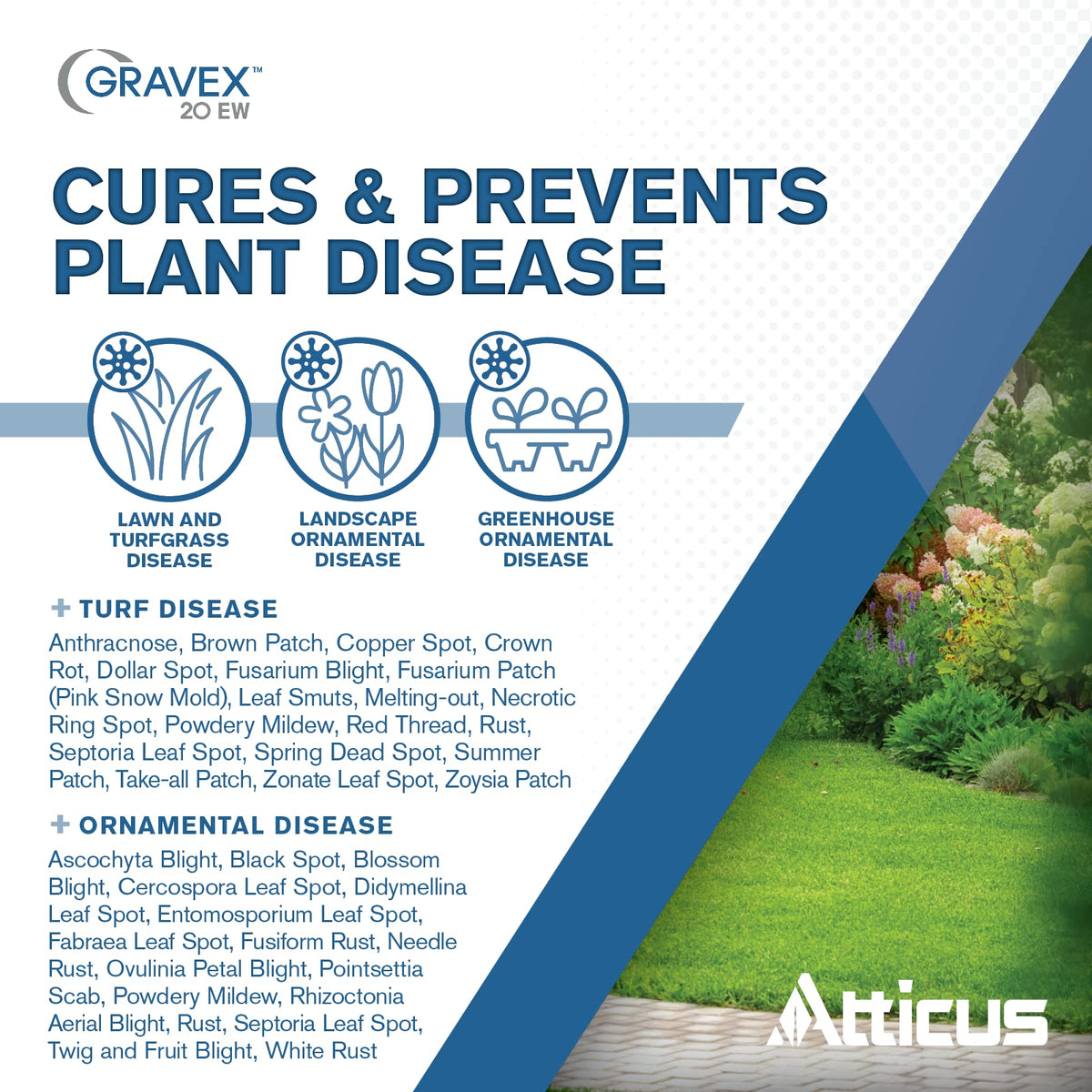 Atticus Gravex 20EW label close-up showing ingredient for broad fungal control