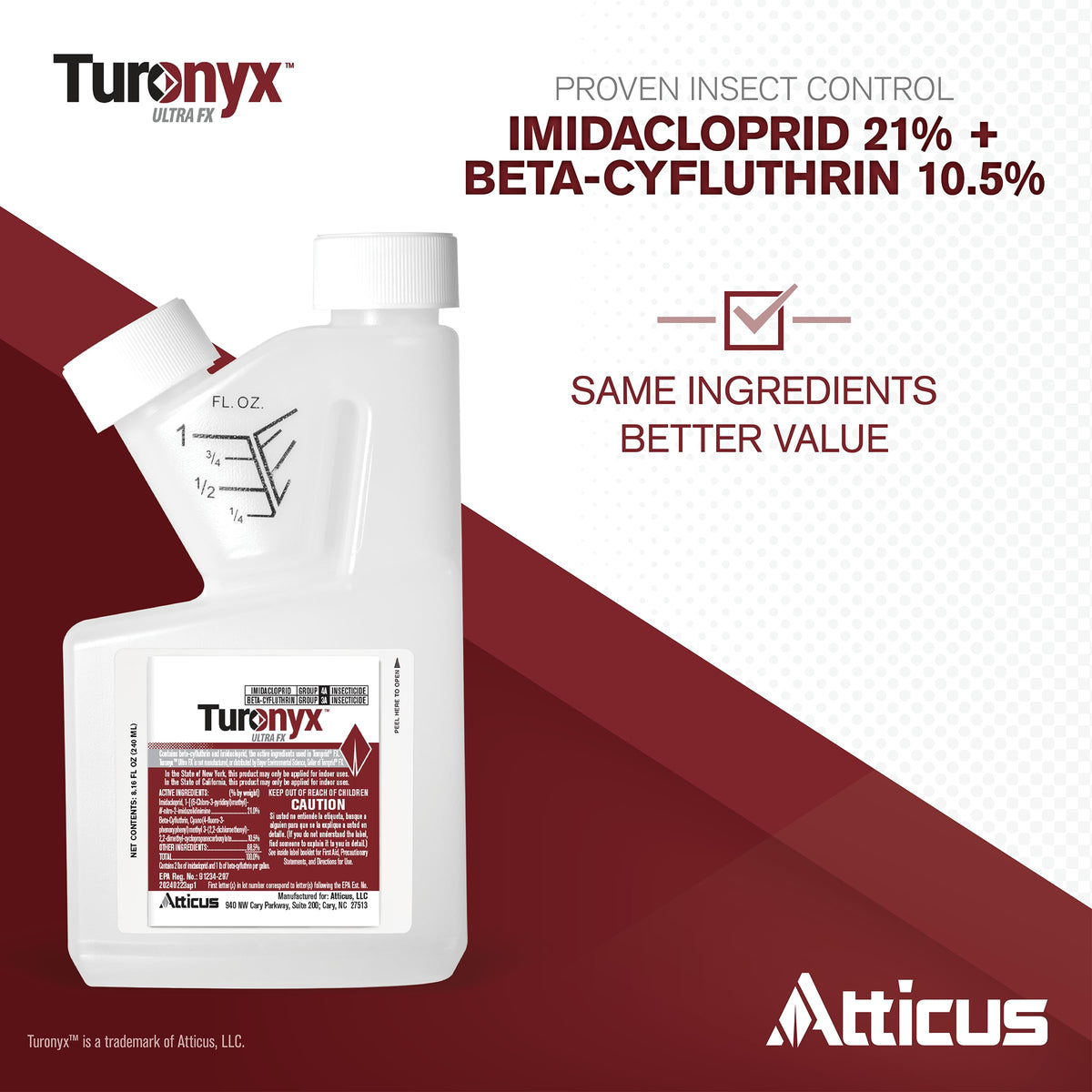 Atticus Turonyx Ultra FX label information highlighting dual actives for quick knockdown