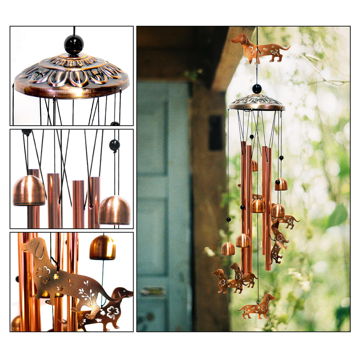 AttoShow antique bronze dachshund wind chime highlights sculptural detail and charm.