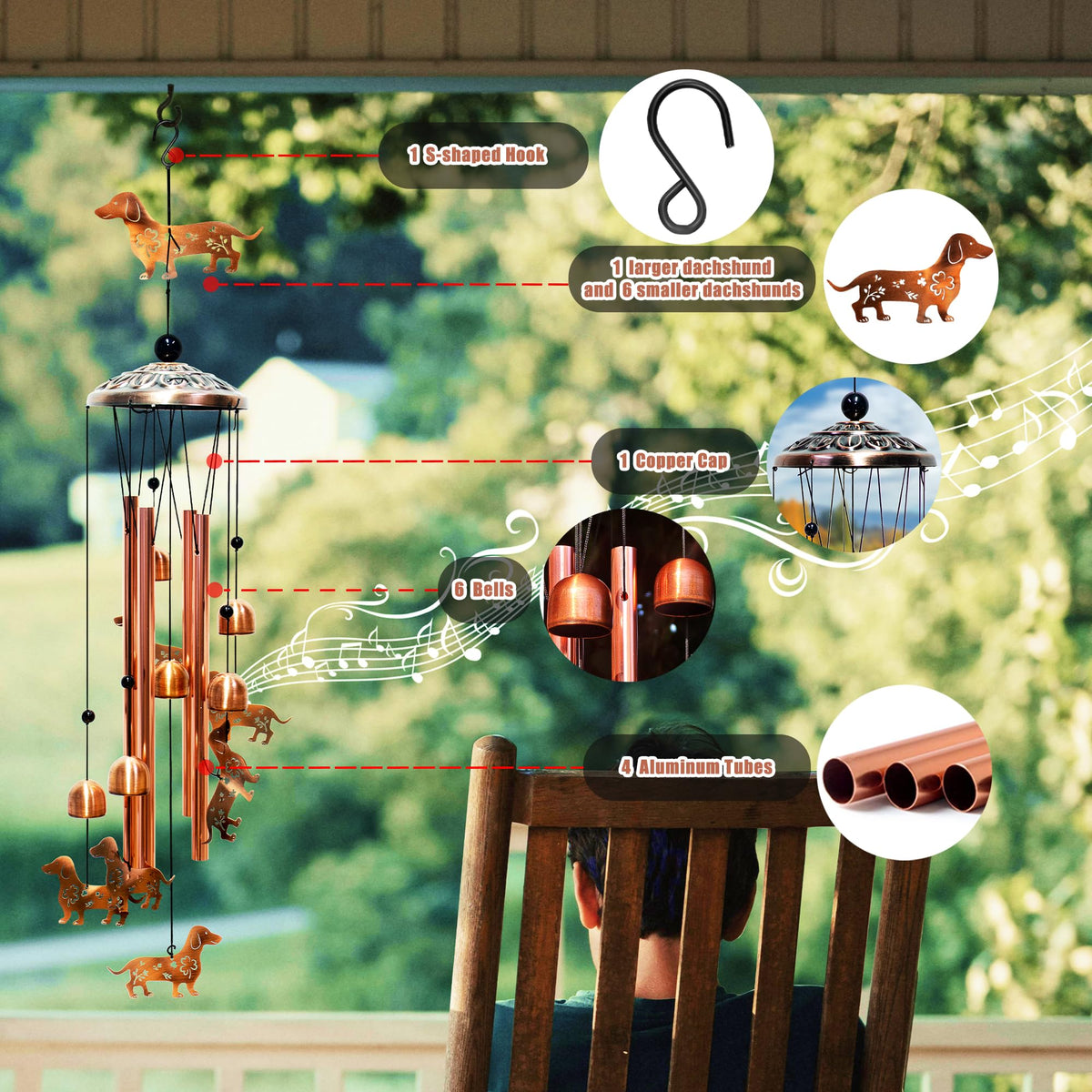 AttoShow dachshund family wind chime set creates a harmonious decorative display.