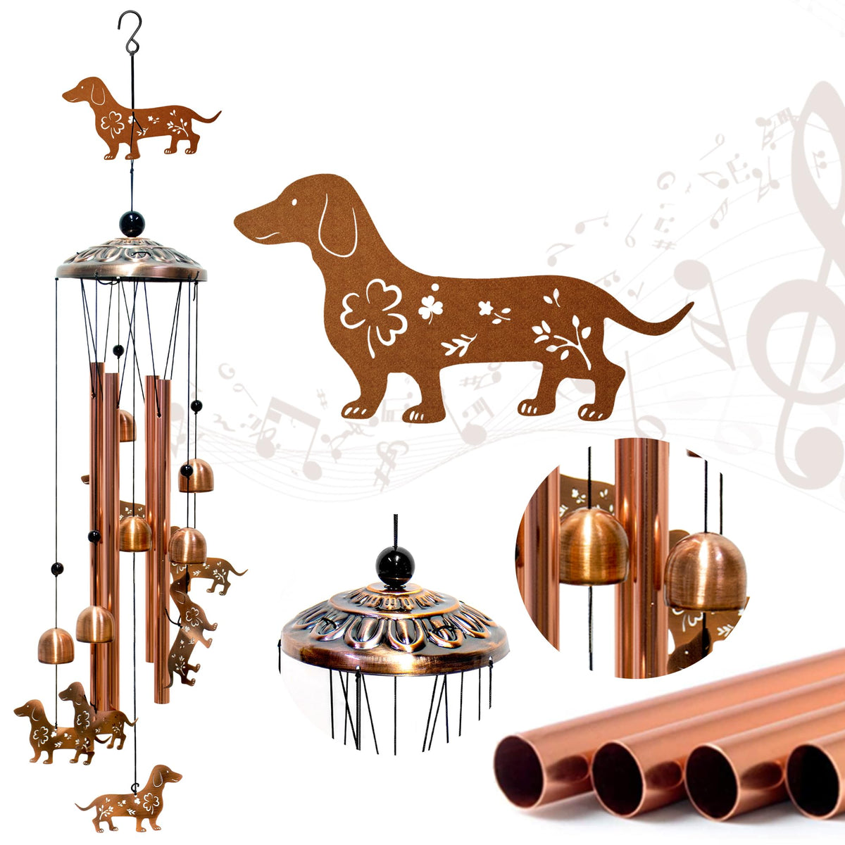 AttoShow Dachshund wind chime outdoor art with antique bronze finish enhances garden ambiance.