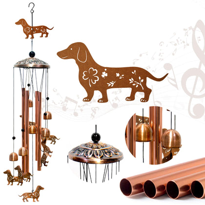 AttoShow Dachshund wind chime outdoor art with antique bronze finish enhances garden ambiance.