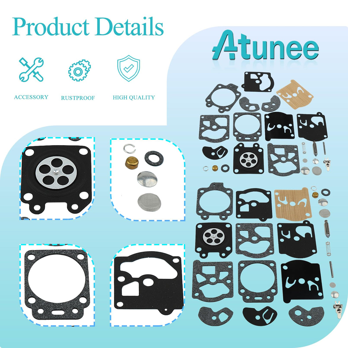 Atunee replacement diaphragms and gaskets laid out for precise fit.