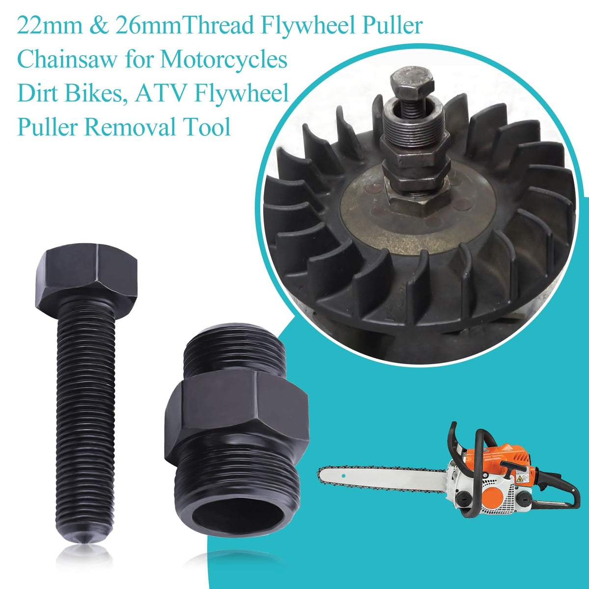 Atunee flywheel puller in use shows easy flywheel removal.