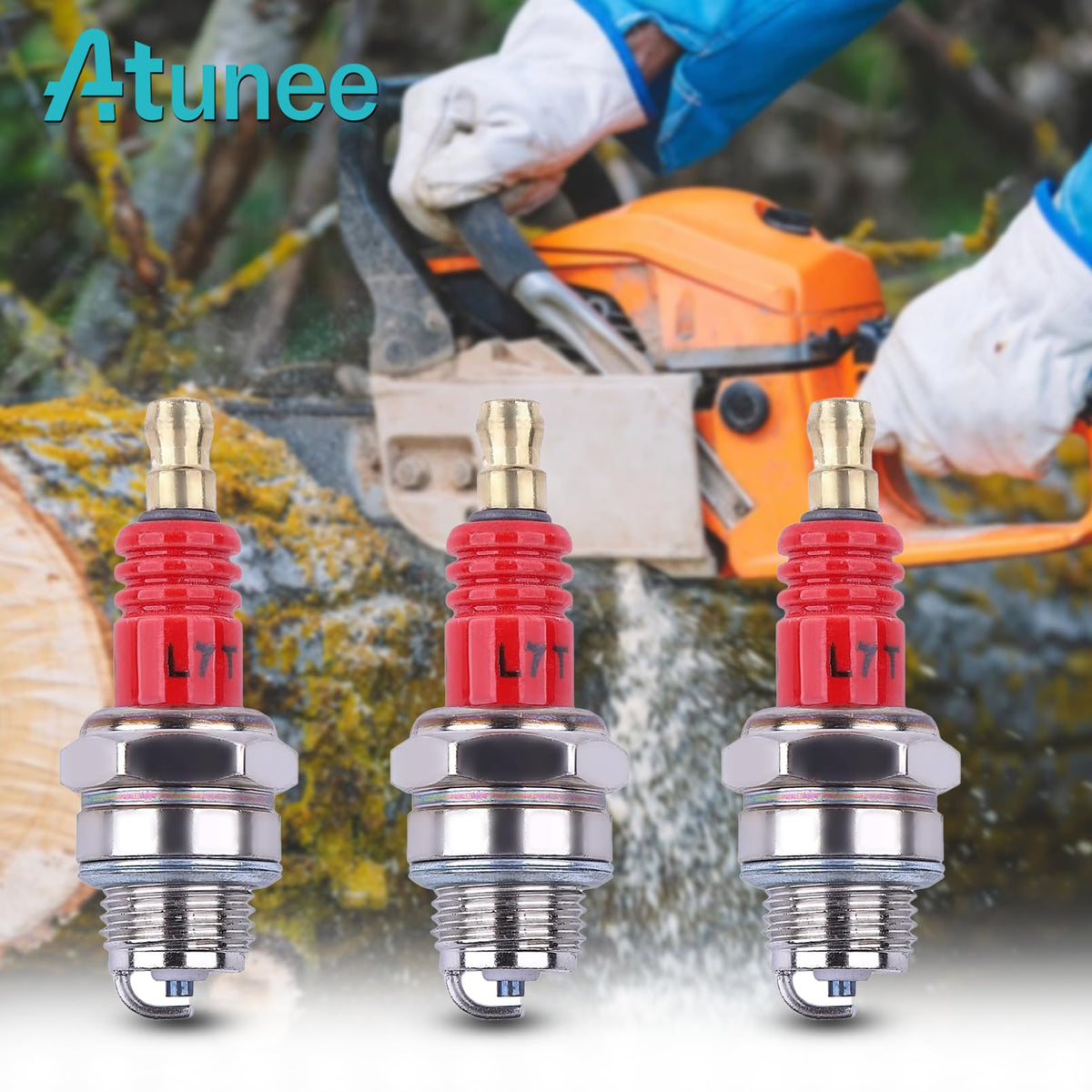 Atunee L7T spark plug fitted in a chainsaw for dependable starts