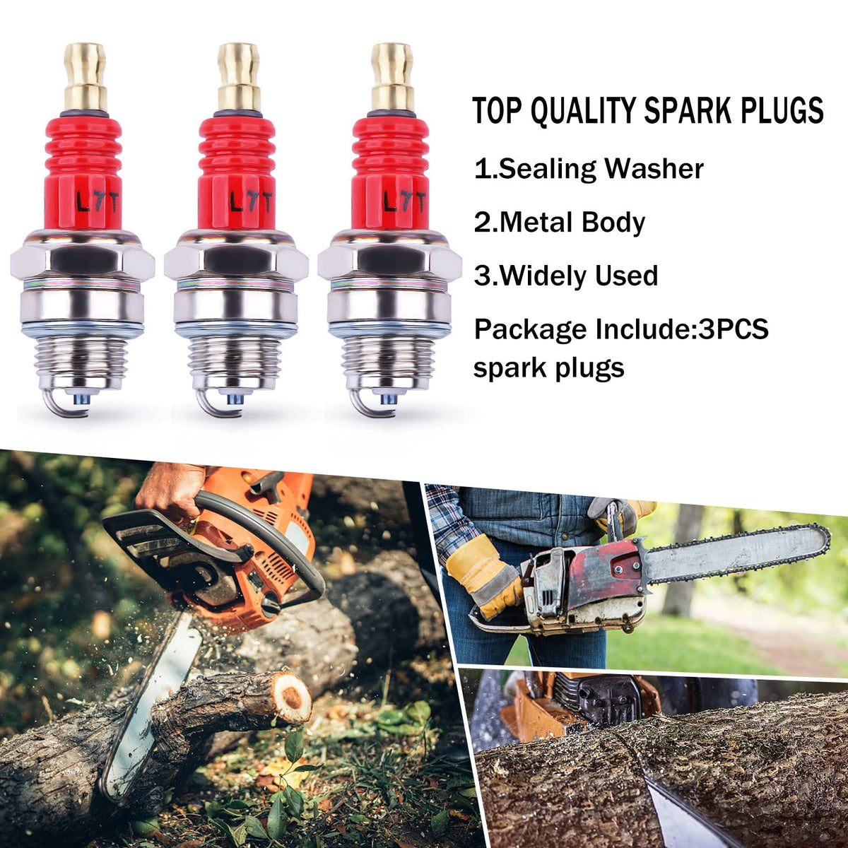 Atunee spark plug compatibility note covering multiple brands including Husqvarna
