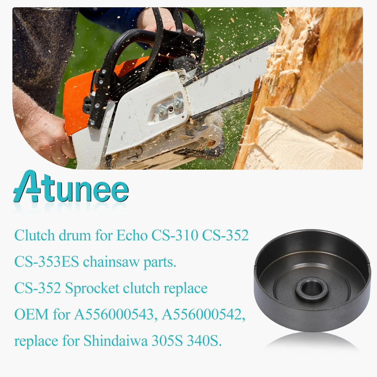 Atunee sprocket clutch drum for Echo CS-352 with bearing supports consistent performance.