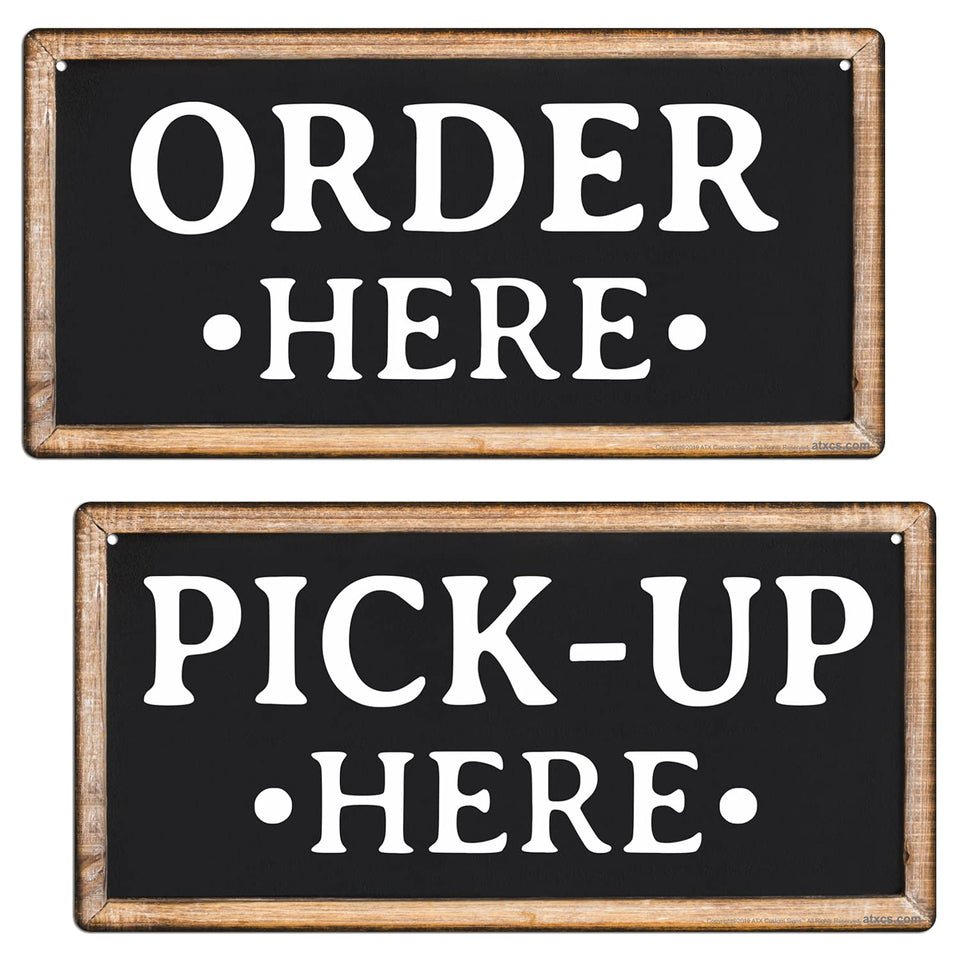 ATX Custom Signs Order Here sign with wood-look finish guides customers indoors.