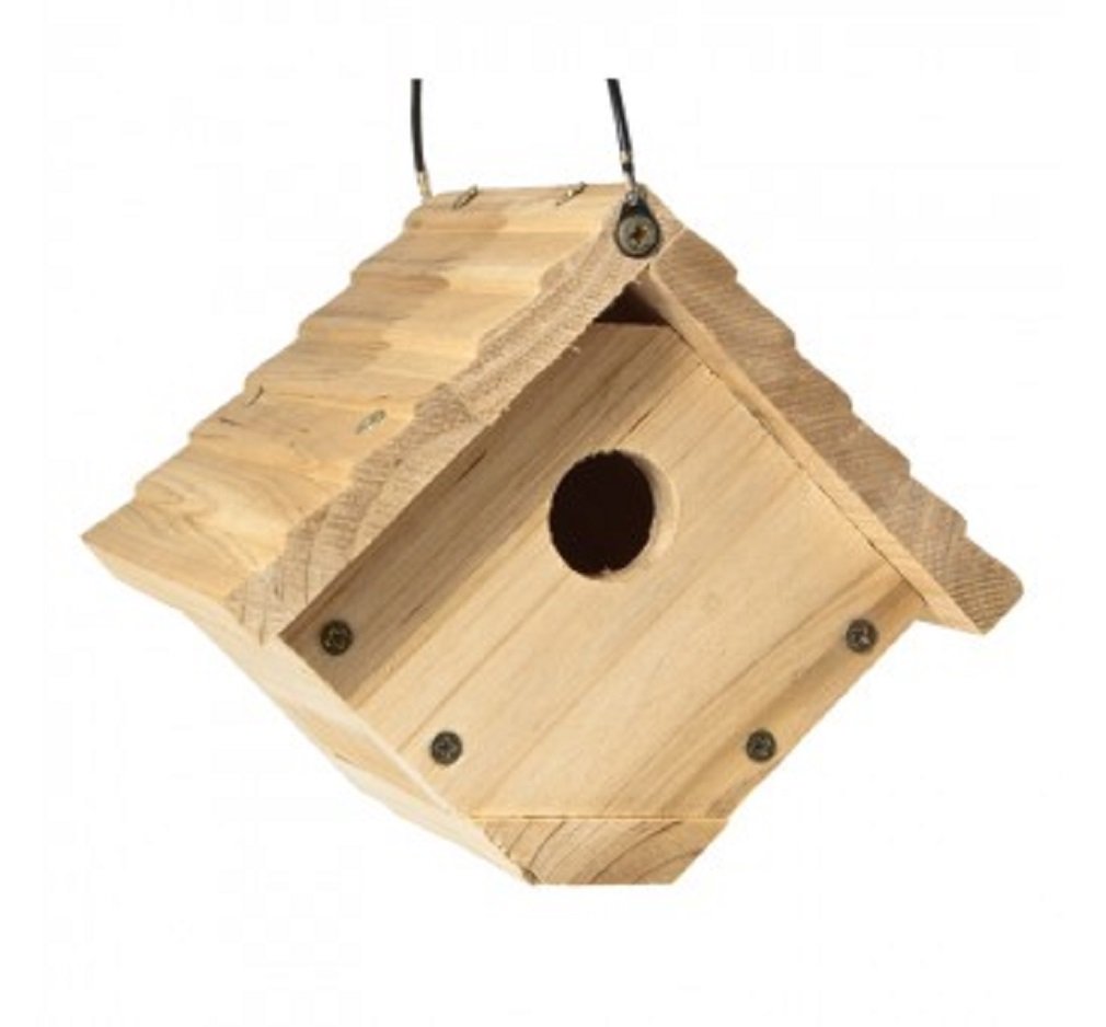 Audubon Wren Bird House in red cedar, front view, with drainage and ventilation.