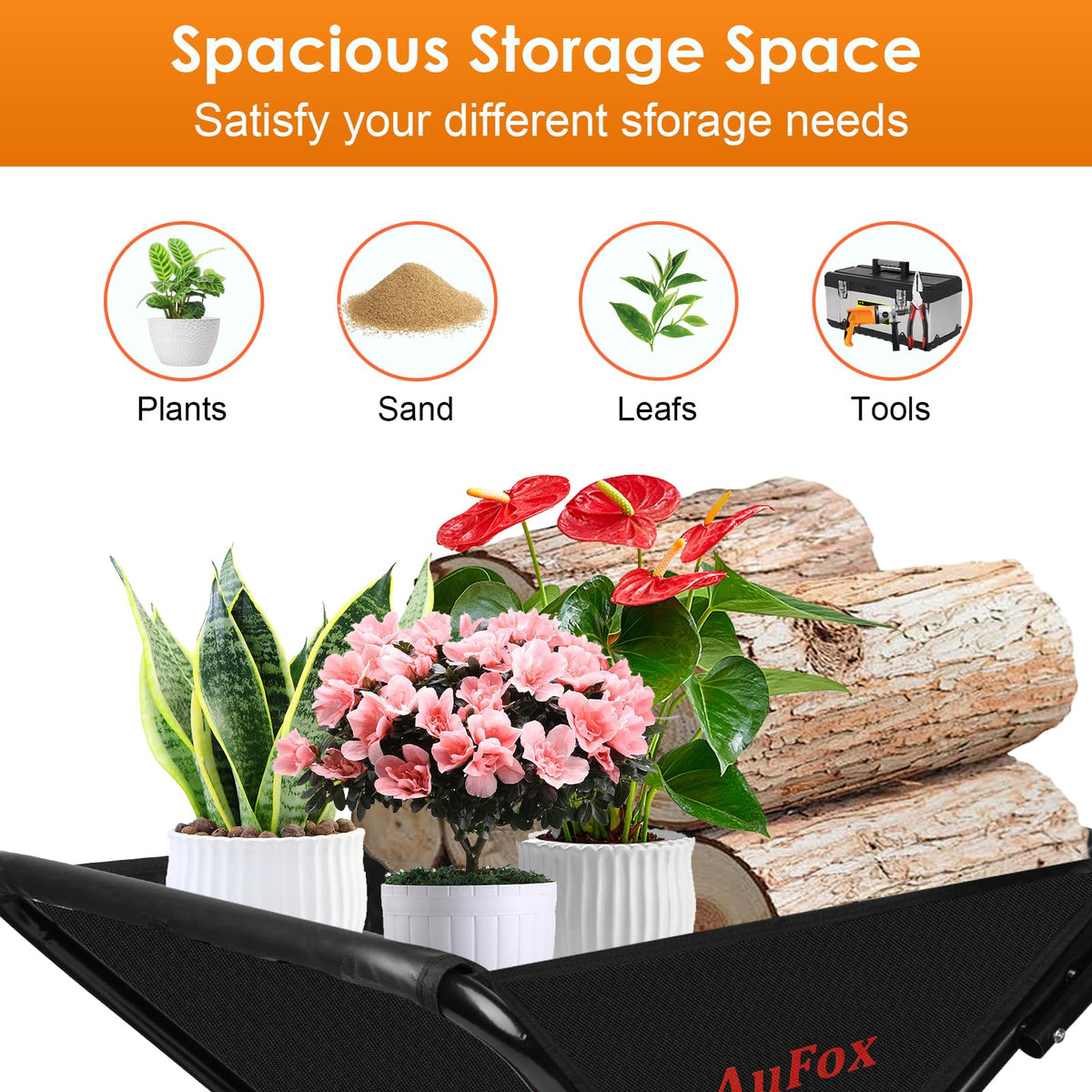 AuFox collapsible wheelbarrow folded size shown for compact storage and easy transport.