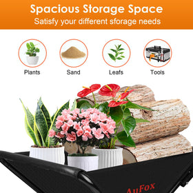 AuFox collapsible wheelbarrow folded size shown for compact storage and easy transport.
