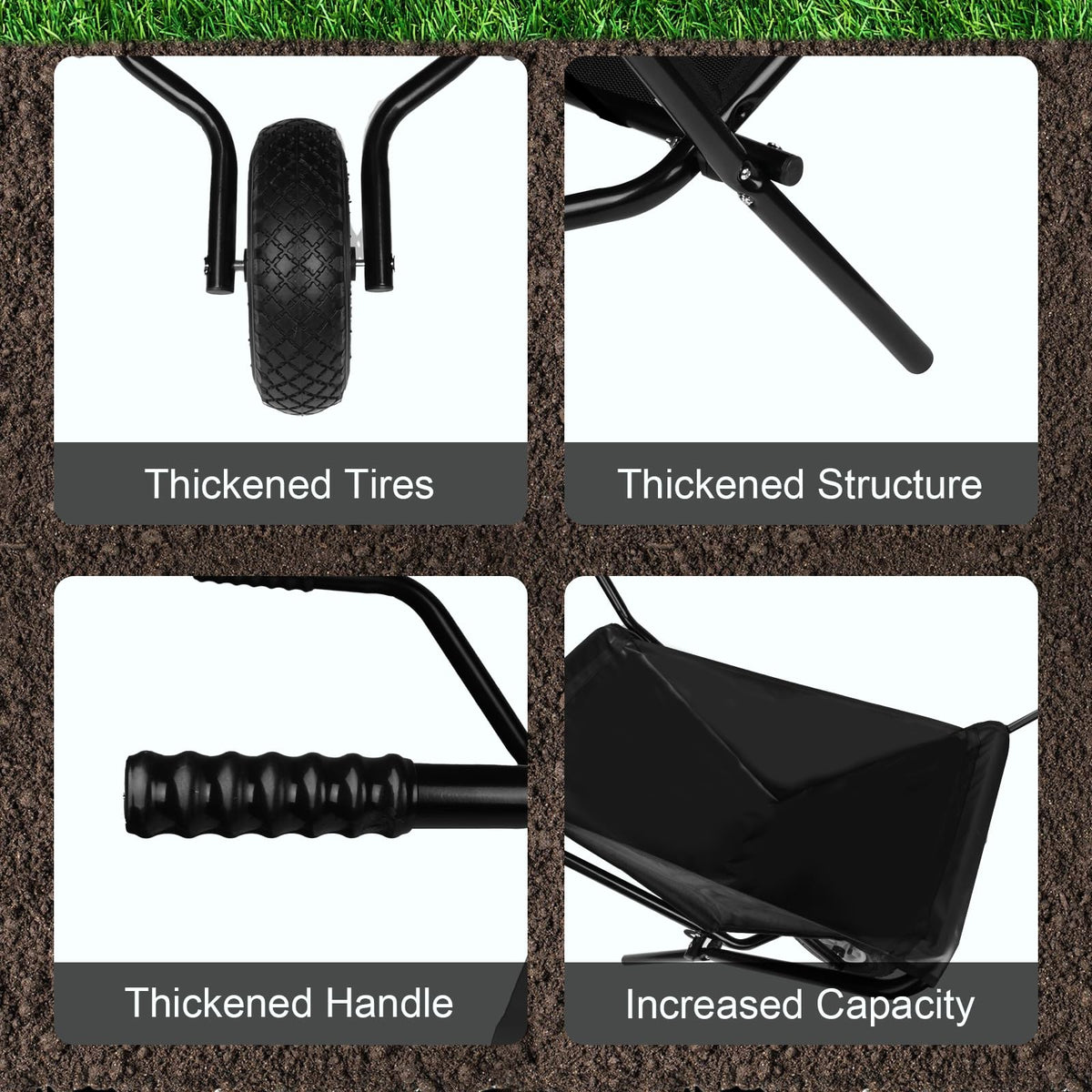 AuFox collapsible wheelbarrow loading area demonstrates capacity for garden materials.