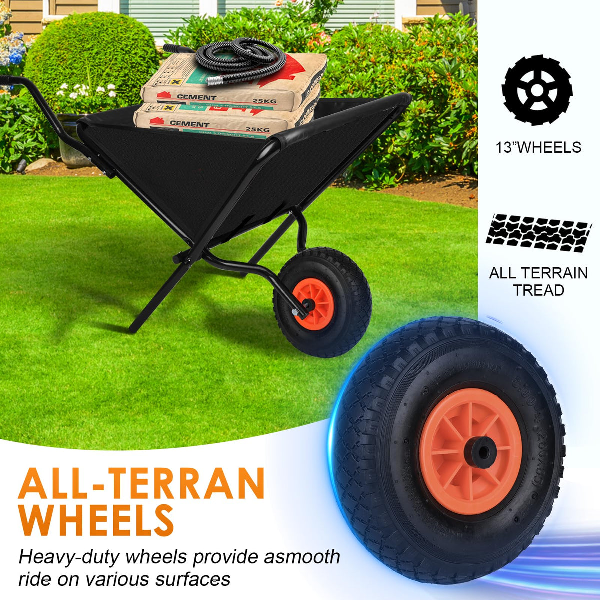 AuFox collapsible wheelbarrow Oxford bag keeps soil and leaves secure during transport.