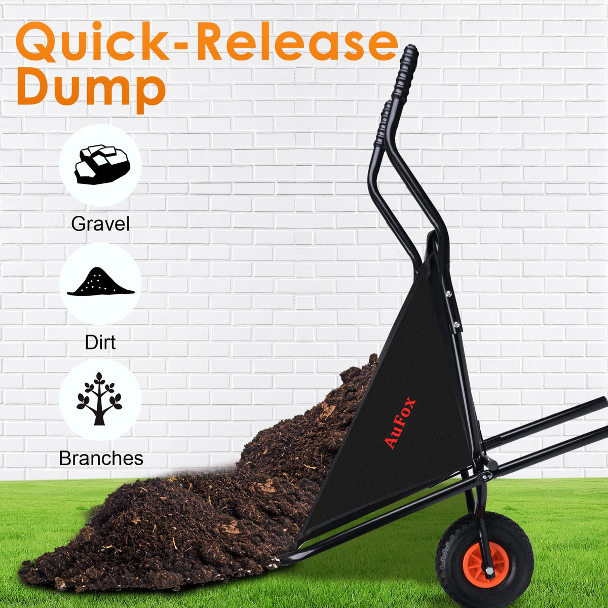 AuFox collapsible wheelbarrow pneumatic tire grips grass and dirt surfaces effectively.