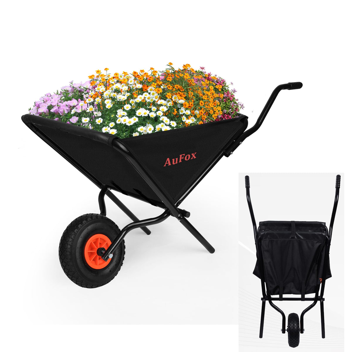 AuFox collapsible wheelbarrow wheels provide steady control on varied terrains.
