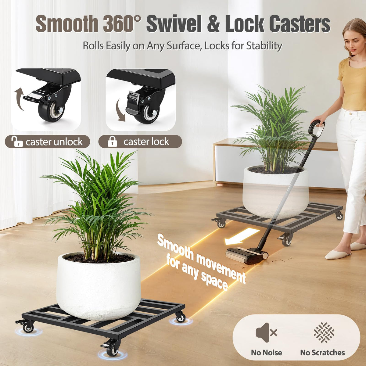 AugFir lockable wheels secure large pots during seasonal repositioning