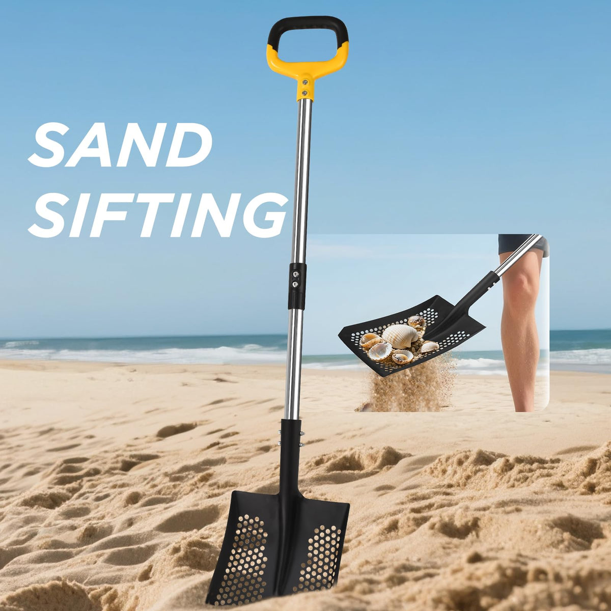 AugFir sand sifter shovel with rust-proof steel head for long-lasting beach use.