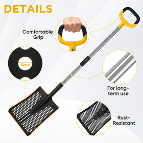 AugFir Sand Sifter Shovel with stainless handle for durable, corrosion-resistant grip.
