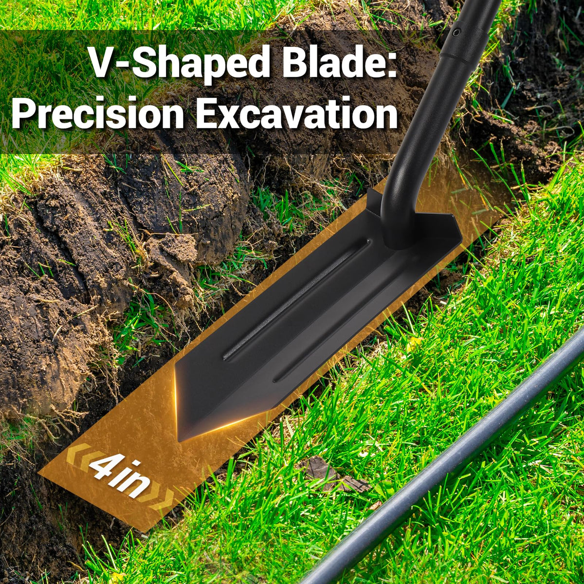 AugFir trench shovel uses a robust metal handle for lasting durability