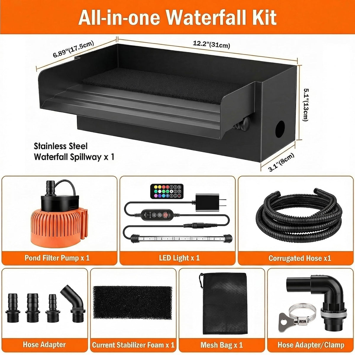 Augicy all-in-one kit includes spillway, pump, tubing, and LED