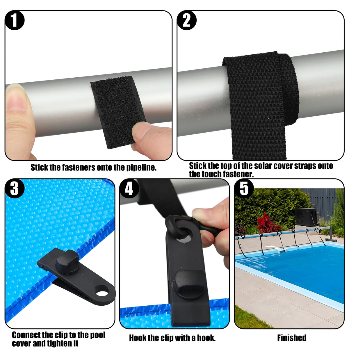Augisteen touch fasteners simplify securing straps to the pool cover and reel